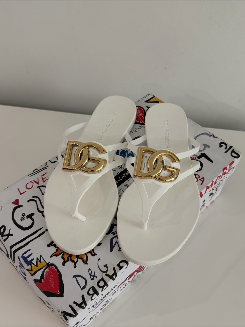 Dolce & Gabbana White Jelly Thong Sandals with Gold